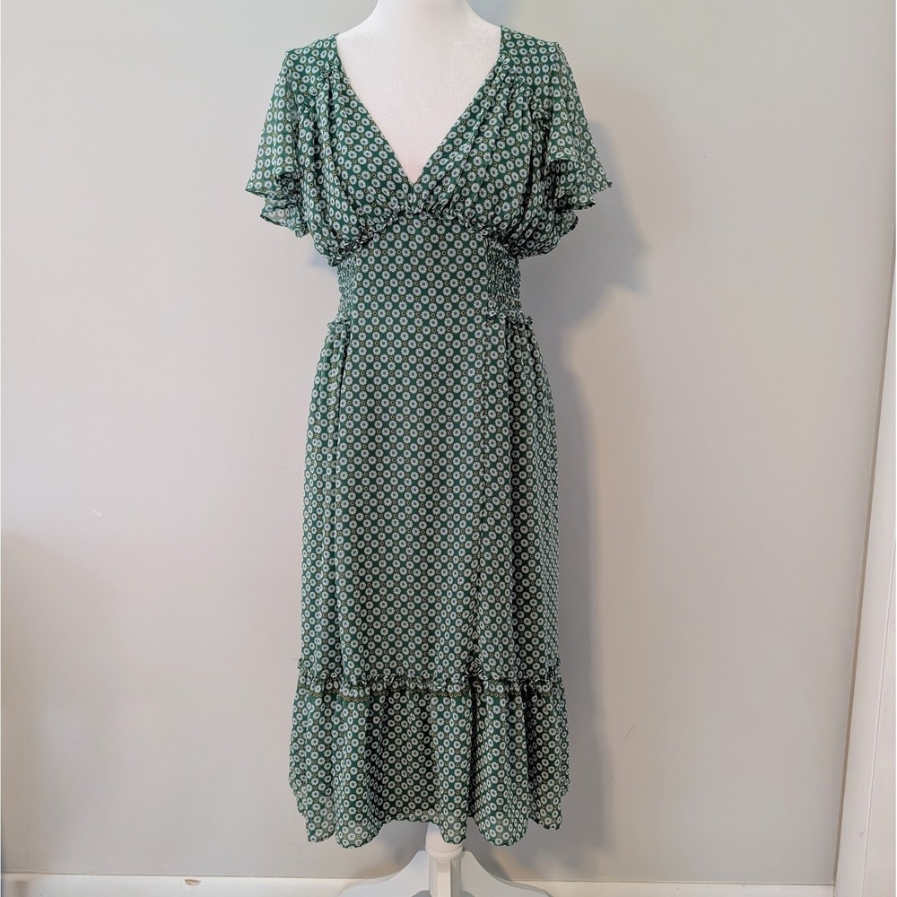 Max Studio Floral Babydoll Midi Dress SMALL Cottagecore Fairy Boho Wedding Green